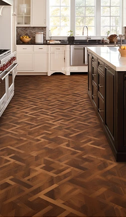 Rich herringbone parquet running through a bright white kitchen