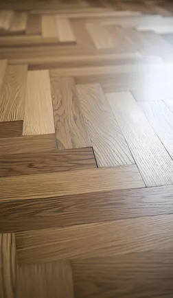 Close-up of herringbone wood-look plank flooring