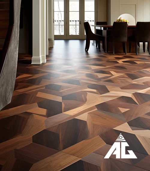 Walnut herringbone flooring in a modern dining room