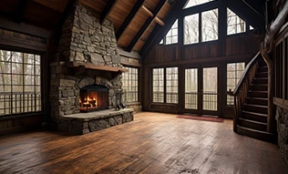 Timber-frame living room with a stone fireplace and warm hardwood floor
