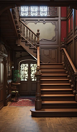 Hardwood staircase with a landing beneath a tall window