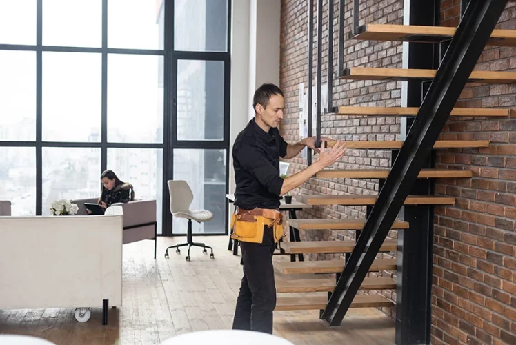 Carpenter building a wooden staircase during a home renovation